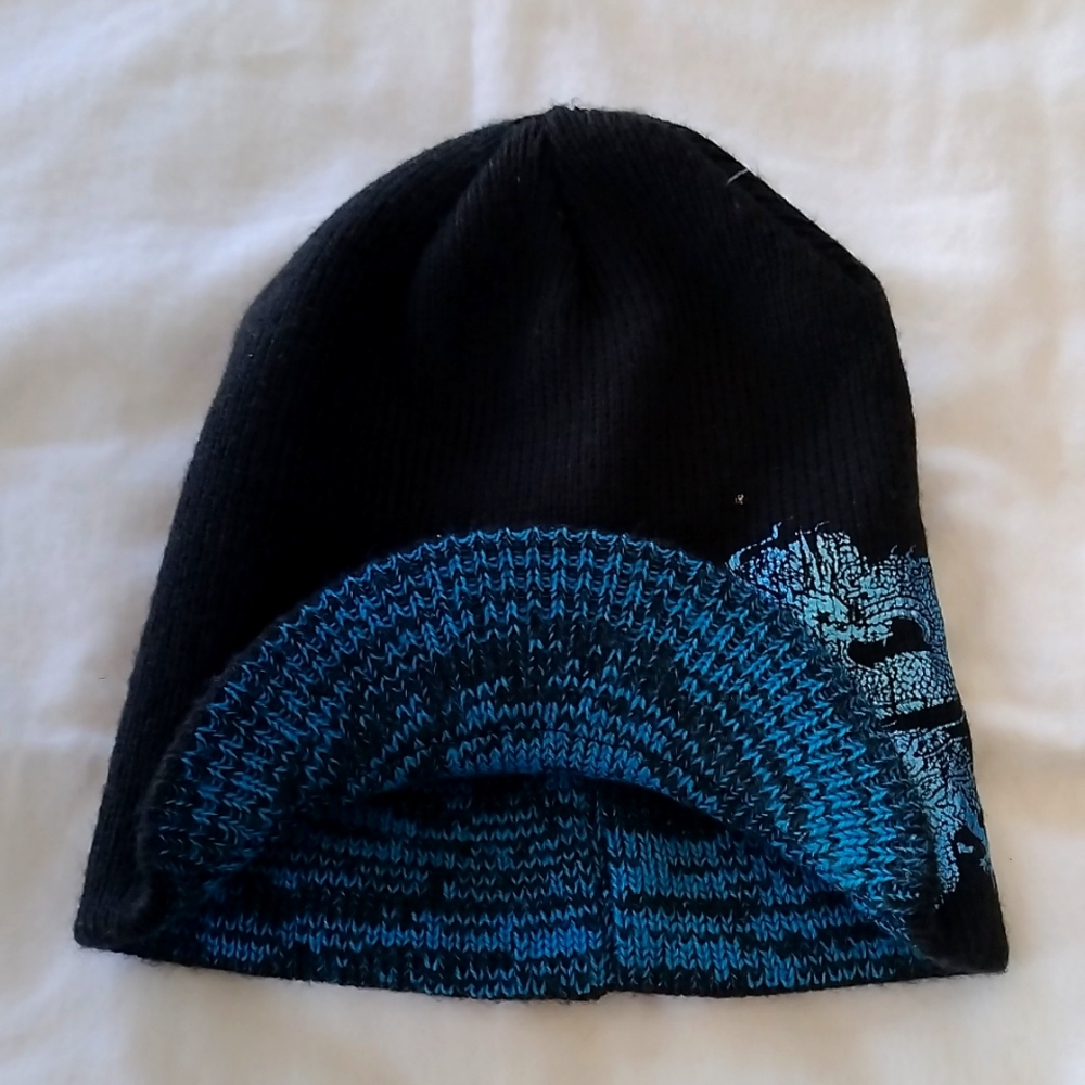 Boy's Winter Reversible Black Beanie with small Visor & Aqua Dragon & Aqua/Blk